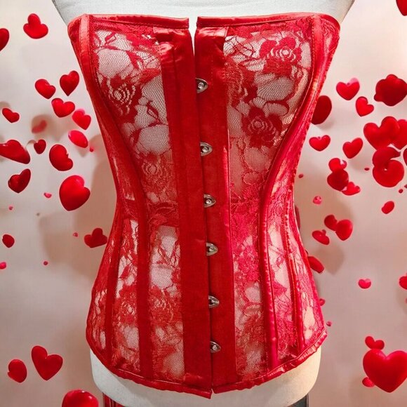 Dolls Kill x Lavish Red Lace Corset – Boned Strapless Top w/ Lace-Up Back | M - Picture 6 of 10